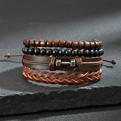 THE MEN THING Leather Bracelet RUSTIC WARRIOR - 4 Pcs Genuine Leather Adjustable Bracelet Set for Men & Boys (8 inch)