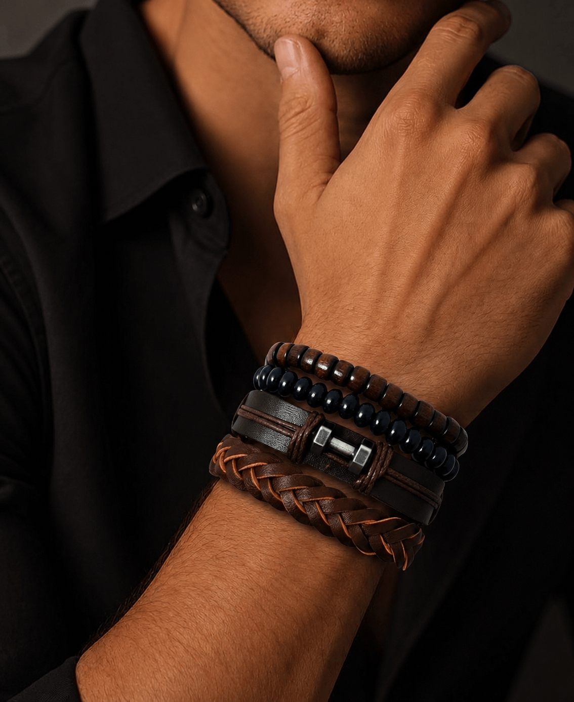 THE MEN THING Leather Bracelet RUSTIC WARRIOR - 4 Pcs Genuine Leather Adjustable Bracelet Set for Men & Boys (8 inch)