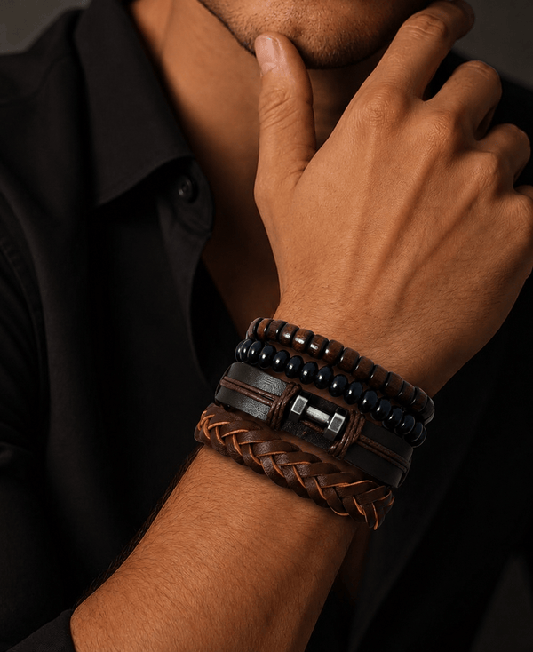 RUSTIC WARRIOR - 4 Pcs Genuine Leather Adjustable Bracelet Set for Men & Boys (8 inch)