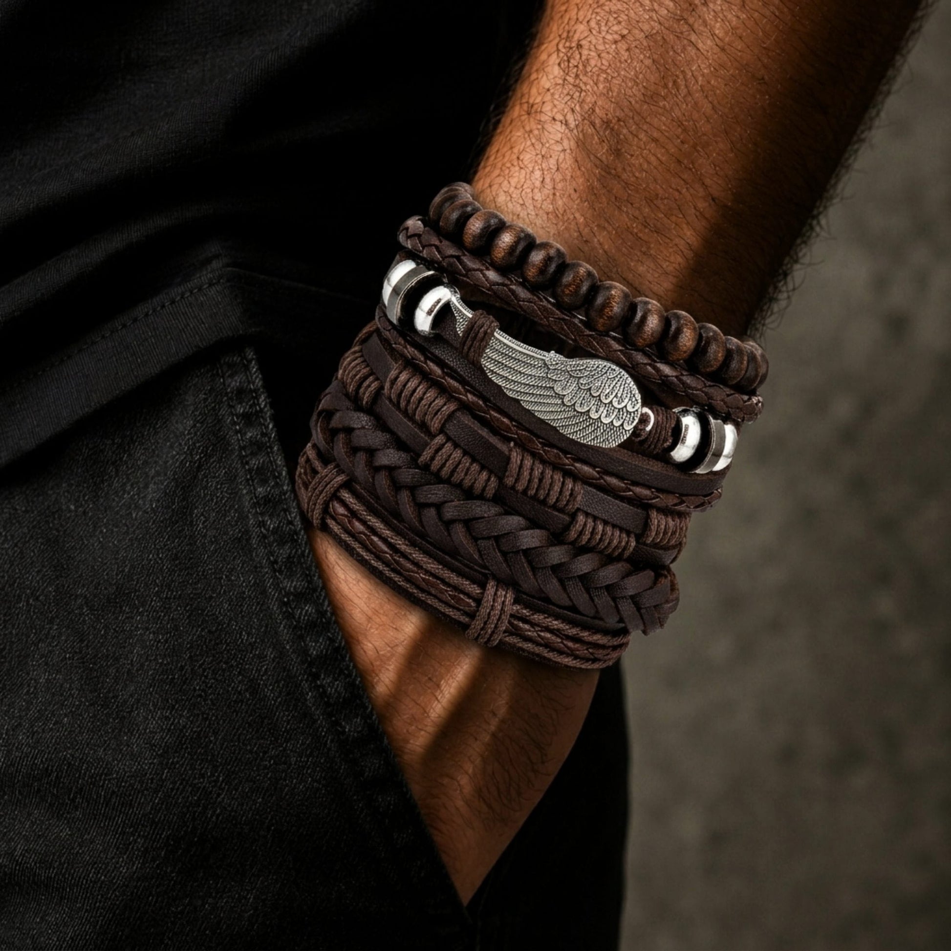 THE MEN THING Leather Bracelet RUSTIC WING - 6Pcs Genuine Leather Adjustable Bracelets Set for Men & Boys