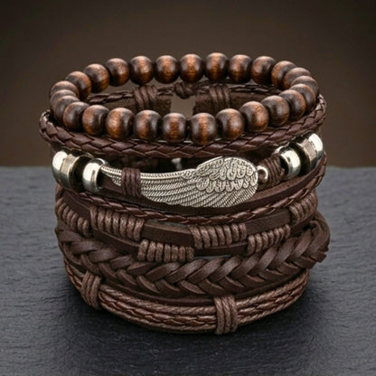 THE MEN THING Leather Bracelet RUSTIC WING - 6Pcs Genuine Leather Adjustable Bracelets Set for Men & Boys