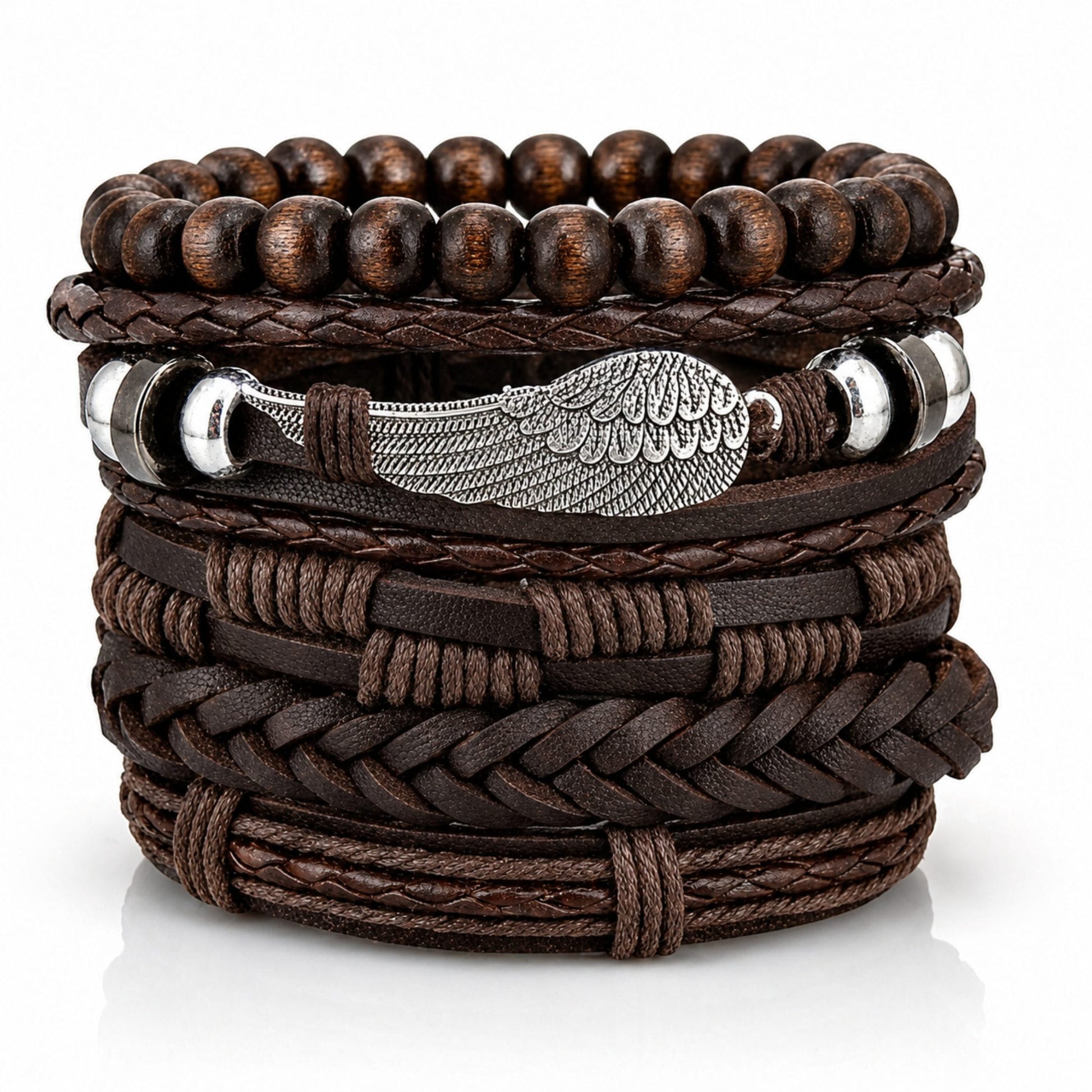 THE MEN THING Leather Bracelet RUSTIC WING - 6Pcs Genuine Leather Adjustable Bracelets Set for Men & Boys