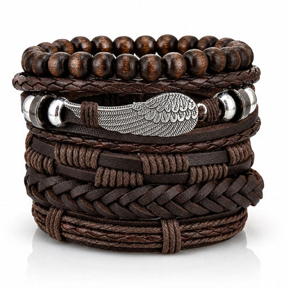 THE MEN THING Leather Bracelet RUSTIC WING - 6Pcs Genuine Leather Adjustable Bracelets Set for Men & Boys
