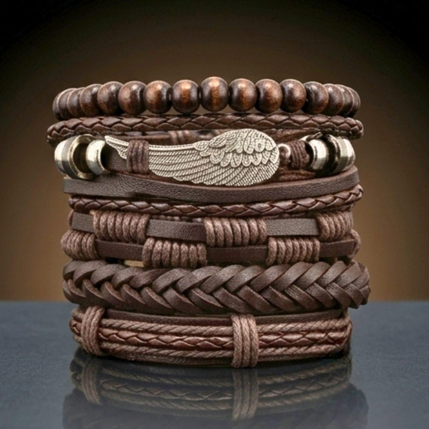 THE MEN THING Leather Bracelet RUSTIC WING - 6Pcs Genuine Leather Adjustable Bracelets Set for Men & Boys