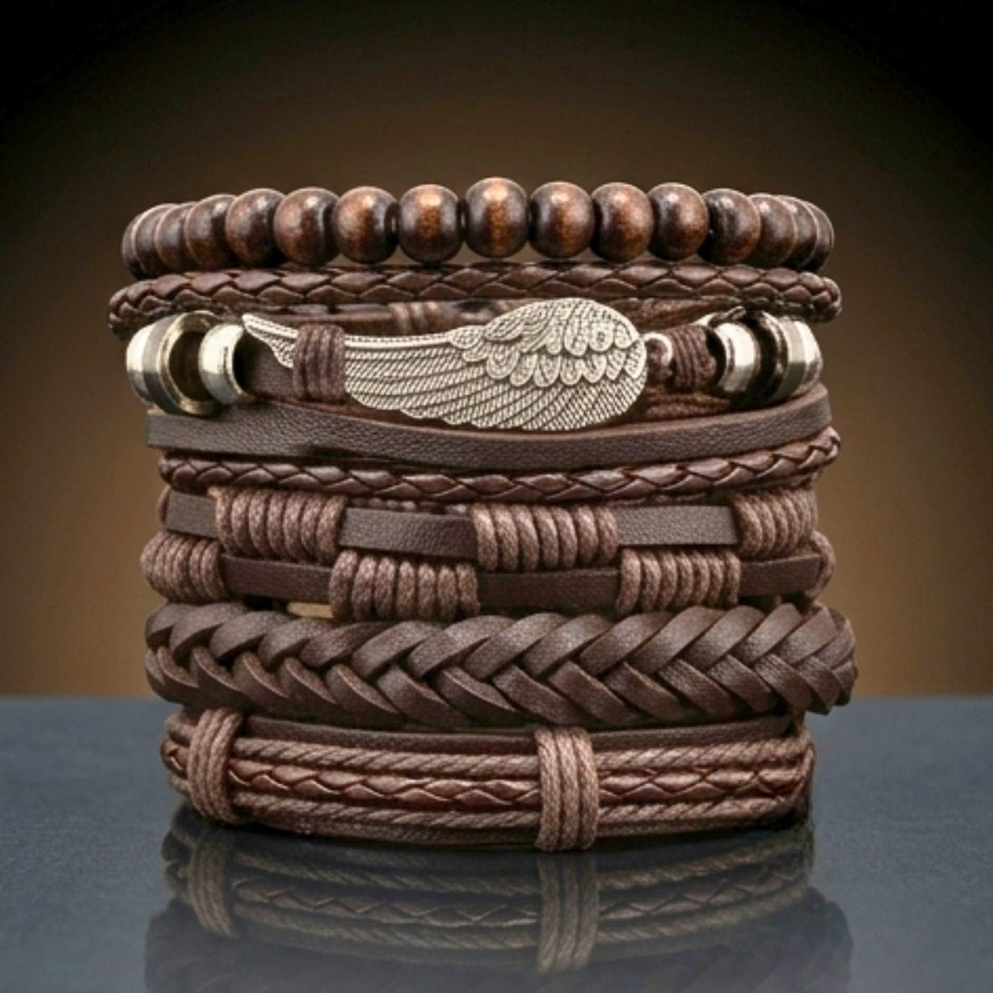 THE MEN THING Leather Bracelet RUSTIC WING - 6Pcs Genuine Leather Adjustable Bracelets Set for Men & Boys