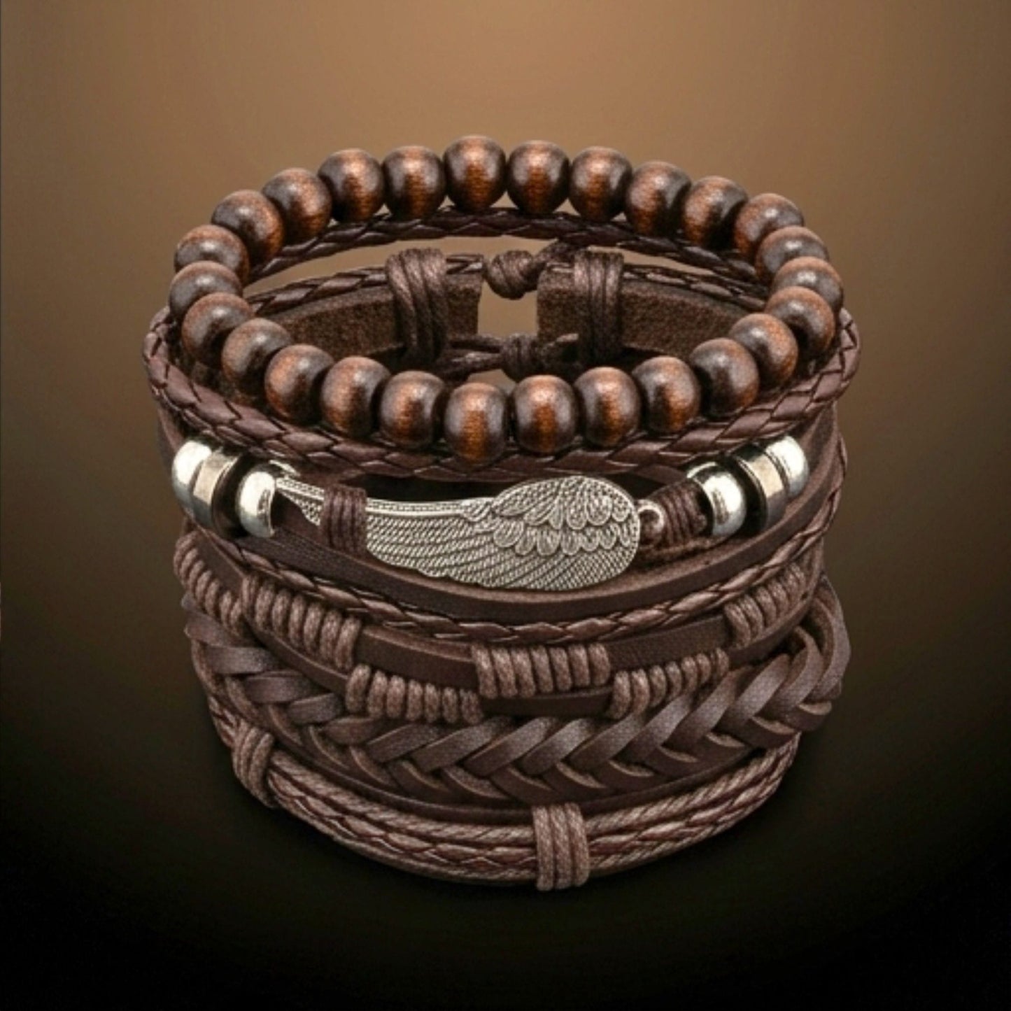 THE MEN THING Leather Bracelet RUSTIC WING - 6Pcs Genuine Leather Adjustable Bracelets Set for Men & Boys