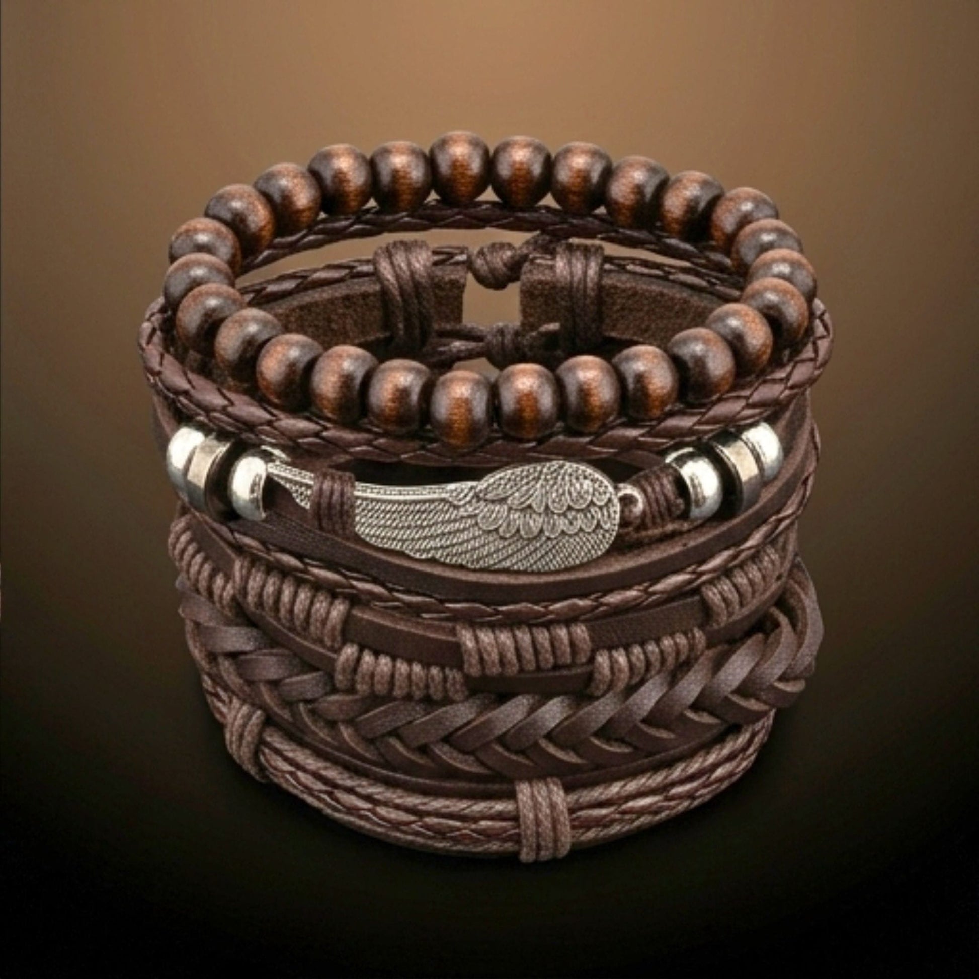 THE MEN THING Leather Bracelet RUSTIC WING - 6Pcs Genuine Leather Adjustable Bracelets Set for Men & Boys