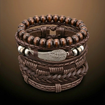THE MEN THING Leather Bracelet RUSTIC WING - 6Pcs Genuine Leather Adjustable Bracelets Set for Men & Boys