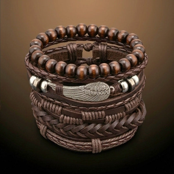 RUSTIC WING - 6Pcs Genuine Leather Adjustable Bracelets Set for Men & Boys