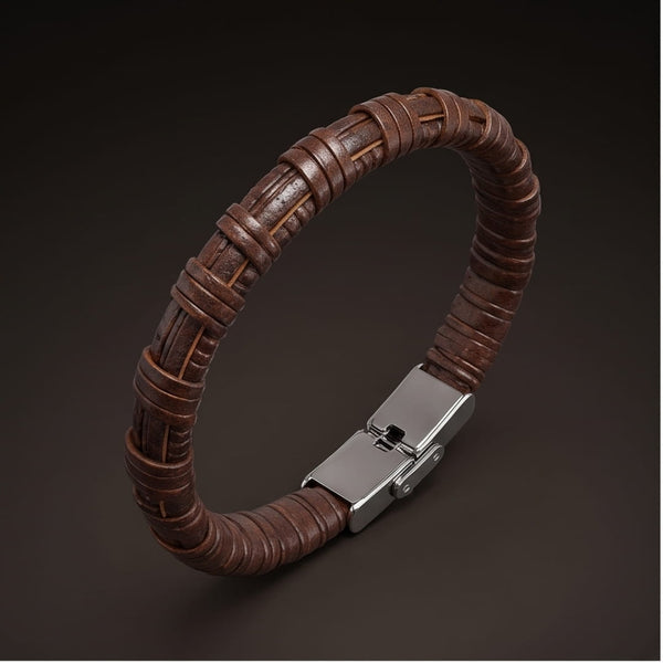RUSTIC WRAP BROWN - 8mm Genuine Leather Bracelet with Double Fold-Over Deployment Clasp for Men & Boy (8 inch)