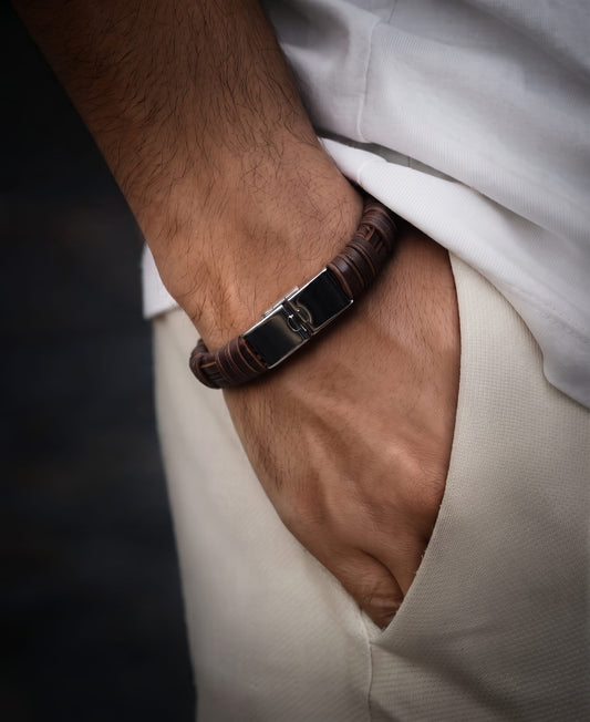 THE MEN THING Leather Bracelet RUSTIC WRAP BROWN - 8mm Genuine Leather Bracelet with Double Fold-Over Deployment Clasp for Men & Boy (8 inch)