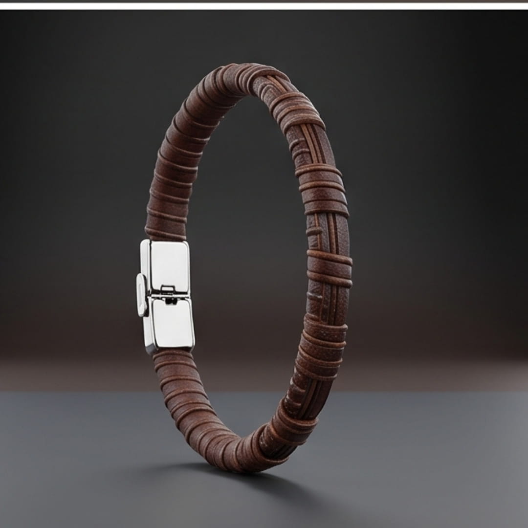 THE MEN THING Leather Bracelet RUSTIC WRAP BROWN - 8mm Genuine Leather Bracelet with Double Fold-Over Deployment Clasp for Men & Boy (8 inch)