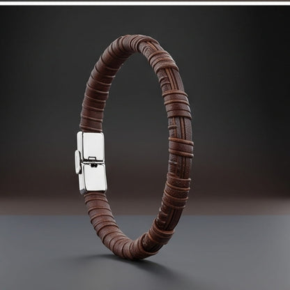 THE MEN THING Leather Bracelet RUSTIC WRAP BROWN - 8mm Genuine Leather Bracelet with Double Fold-Over Deployment Clasp for Men & Boy (8 inch)