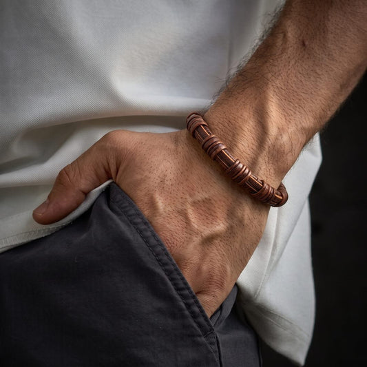 THE MEN THING Leather Bracelet RUSTIC WRAP BROWN - 8mm Genuine Leather Bracelet with Double Fold-Over Deployment Clasp for Men & Boy (8 inch)