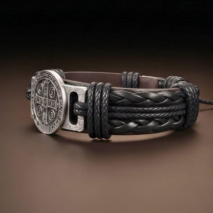 THE MEN THING Leather Bracelet SAINT BENEDICT - BLACK 15mm Genuine Leather Bracelet for Men & Boys (Adjustable)
