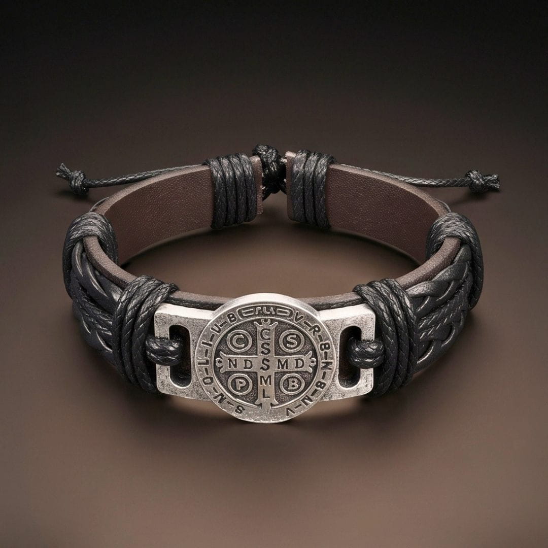 THE MEN THING Leather Bracelet SAINT BENEDICT - BLACK 15mm Genuine Leather Bracelet for Men & Boys (Adjustable)