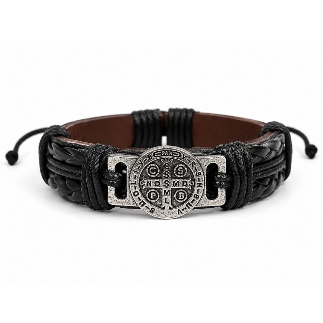 THE MEN THING Leather Bracelet SAINT BENEDICT - BLACK 15mm Genuine Leather Bracelet for Men & Boys (Adjustable)