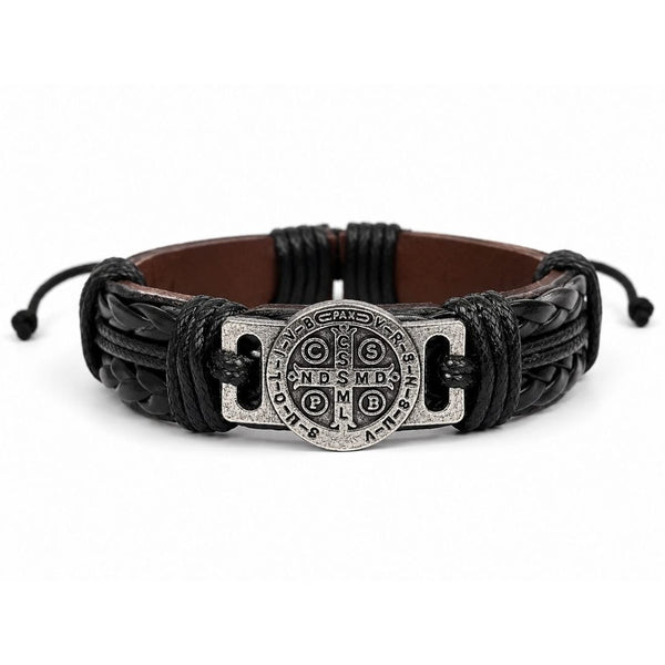 SAINT BENEDICT - BLACK 15mm Genuine Leather Bracelet for Men & Boys (Adjustable)