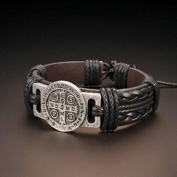 SAINT BENEDICT - BLACK 15mm Genuine Leather Bracelet for Men & Boys (Adjustable)