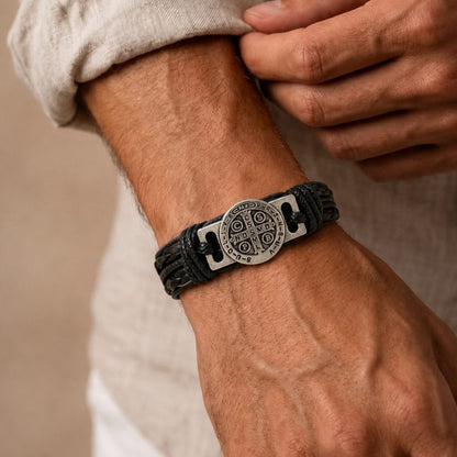 THE MEN THING Leather Bracelet SAINT BENEDICT - BLACK 15mm Genuine Leather Bracelet for Men & Boys (Adjustable)