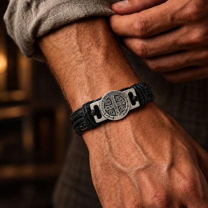 THE MEN THING Leather Bracelet SAINT BENEDICT - BLACK 15mm Genuine Leather Bracelet for Men & Boys (Adjustable)