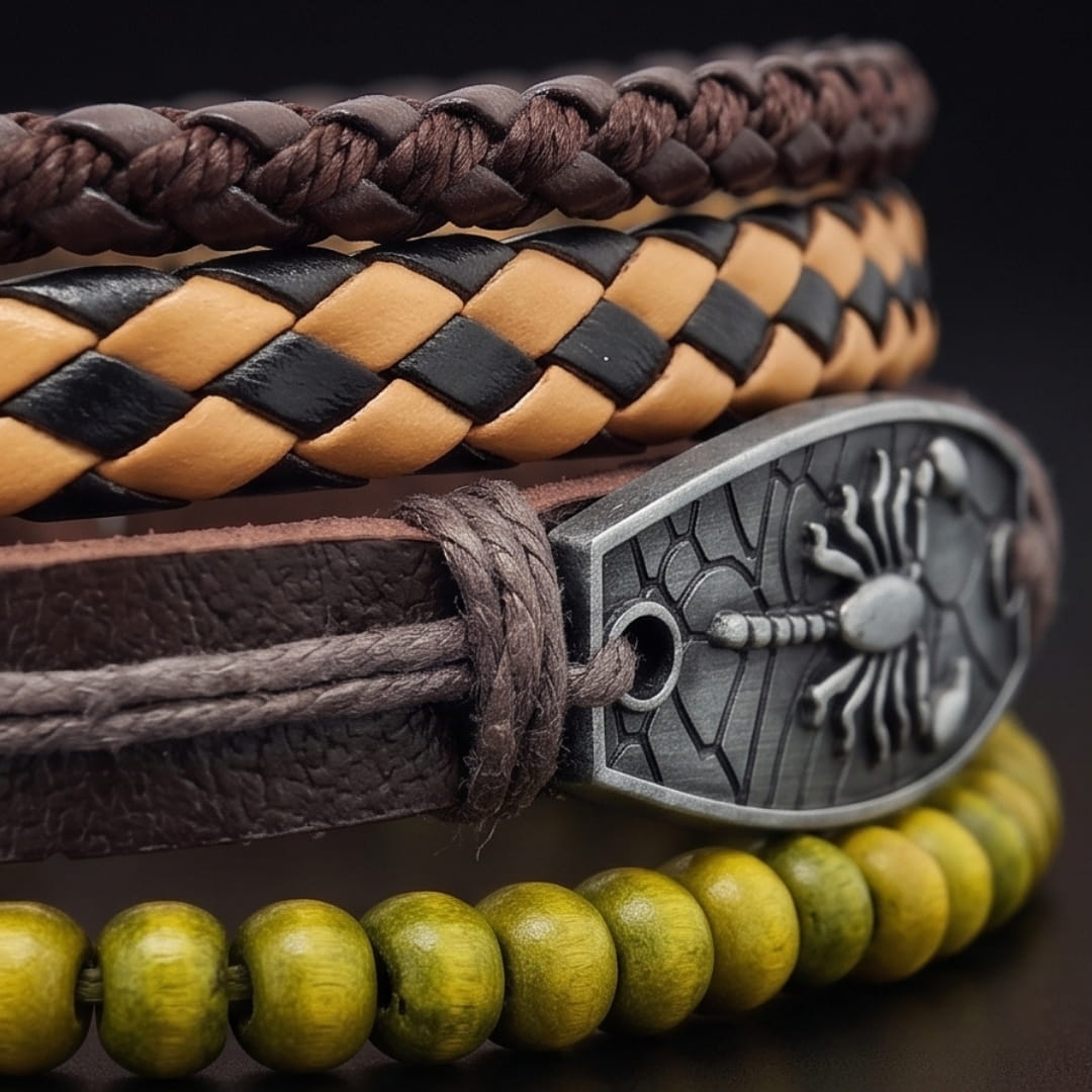 THE MEN THING Leather Bracelet SCORPION EDGE - 3Pcs Genuine Leather Adjustable Bracelets Set for Men & Boys