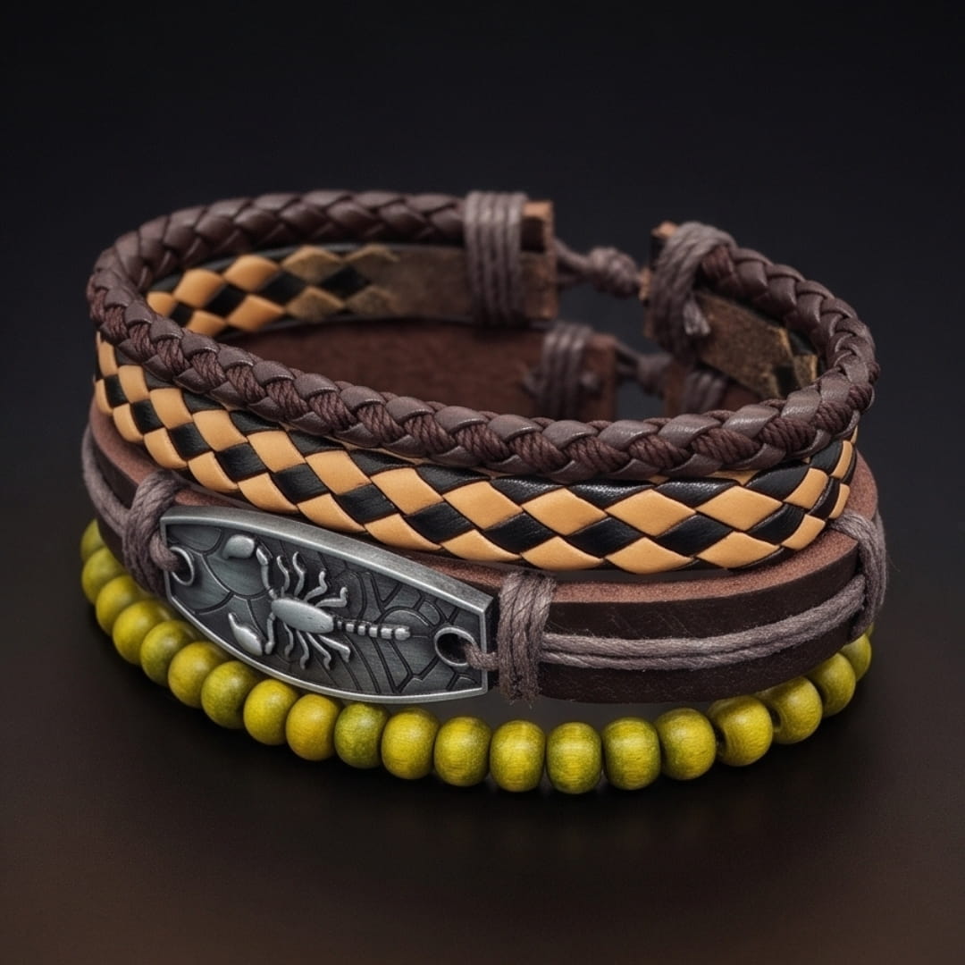 THE MEN THING Leather Bracelet SCORPION EDGE - 3Pcs Genuine Leather Adjustable Bracelets Set for Men & Boys
