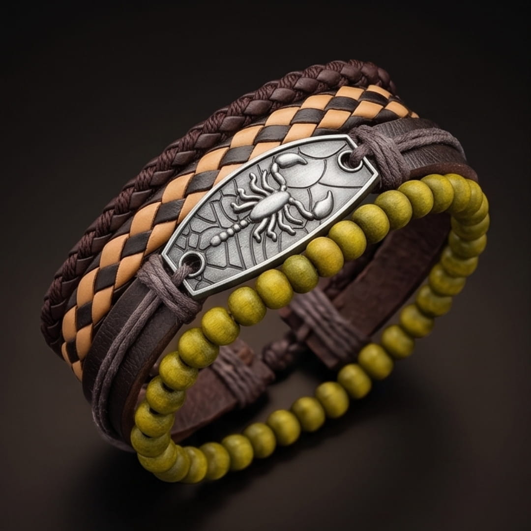THE MEN THING Leather Bracelet SCORPION EDGE - 3Pcs Genuine Leather Adjustable Bracelets Set for Men & Boys