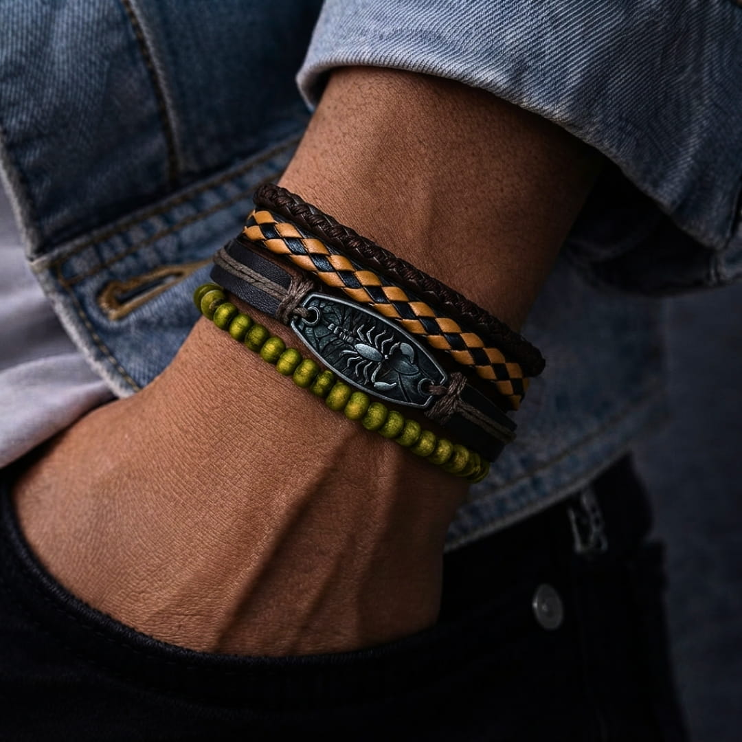 THE MEN THING Leather Bracelet SCORPION EDGE - 3Pcs Genuine Leather Adjustable Bracelets Set for Men & Boys