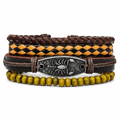 THE MEN THING Leather Bracelet SCORPION EDGE - 3Pcs Genuine Leather Adjustable Bracelets Set for Men & Boys
