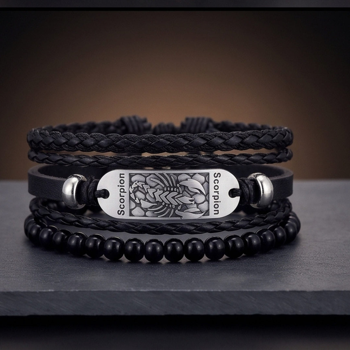THE MEN THING Leather Bracelet SCORPION EDGE - 3Pcs Genuine Leather Adjustable Bracelets Set for Men & Boys