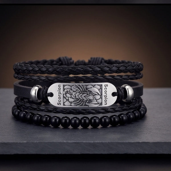 SCORPION EDGE - 3Pcs Genuine Leather Adjustable Bracelets Set for Men & Boys