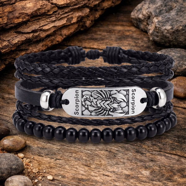 SCORPION EDGE - 3Pcs Genuine Leather Adjustable Bracelets Set for Men & Boys