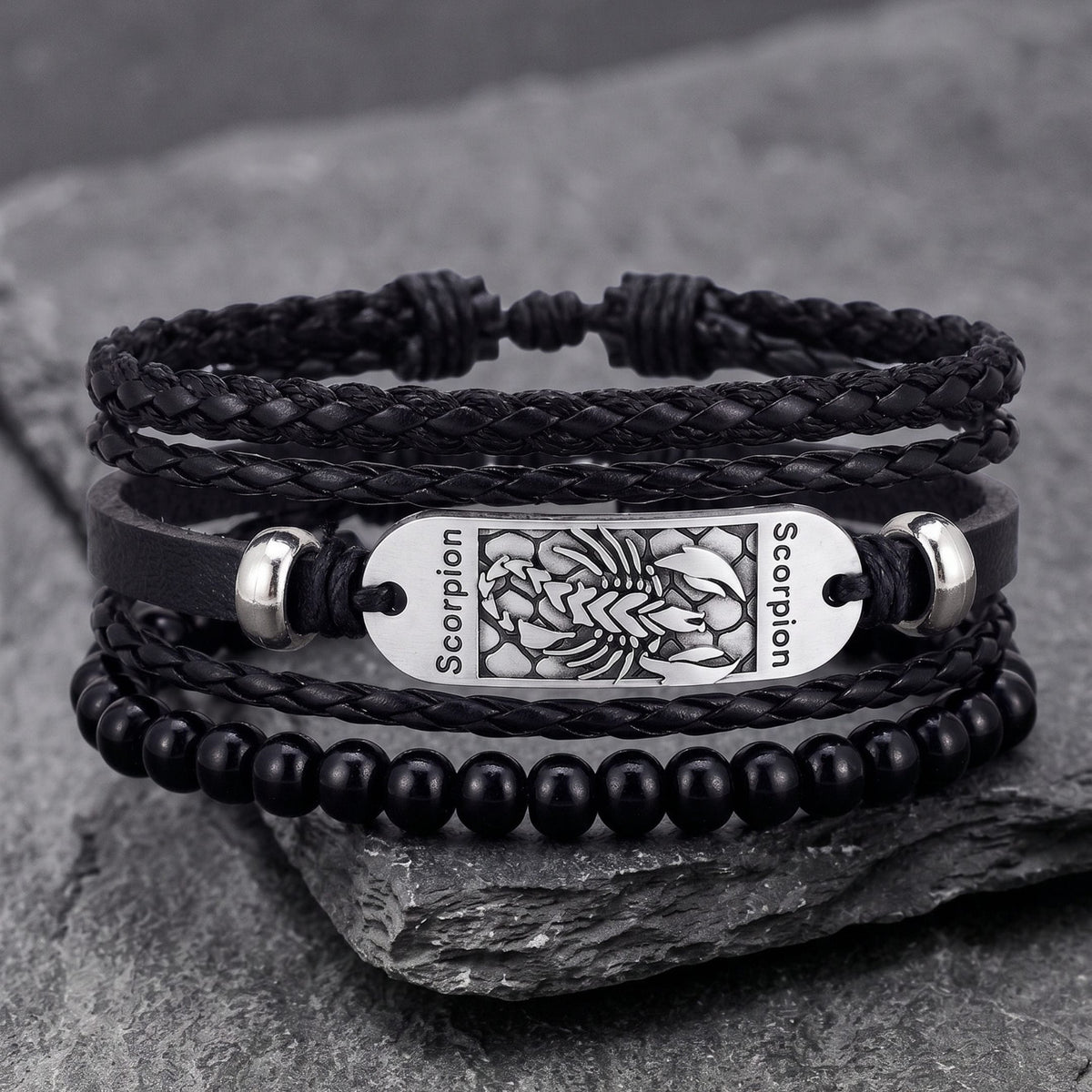 THE MEN THING Leather Bracelet SCORPION EDGE - 3Pcs Genuine Leather Adjustable Bracelets Set for Men & Boys