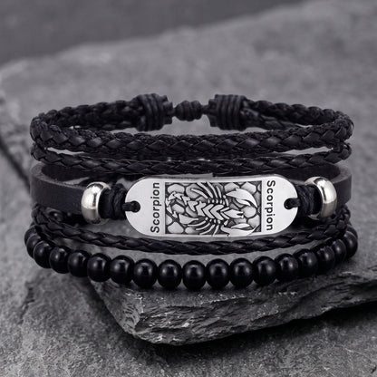 THE MEN THING Leather Bracelet SCORPION EDGE - 3Pcs Genuine Leather Adjustable Bracelets Set for Men & Boys