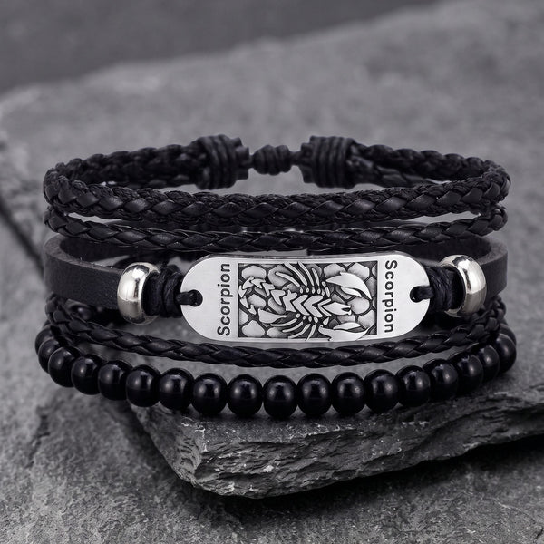SCORPION EDGE - 3Pcs Genuine Leather Adjustable Bracelets Set for Men & Boys