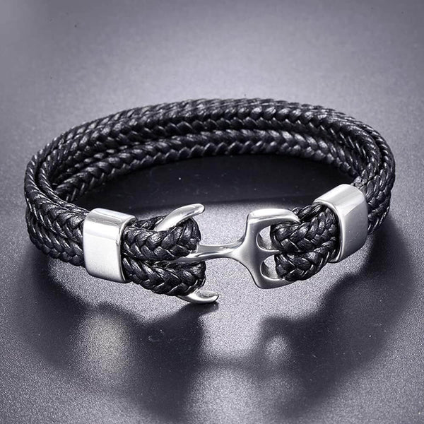 సీఫర్ యాంకర్ బ్లాక్ - పురుషులు & అబ్బాయిల కోసం స్టెయిన్‌లెస్ స్టీల్ యాంకర్ హుక్‌తో కూడిన నిజమైన లెదర్ డబుల్ లేయర్ అల్లిన బ్రాస్‌లెట్ (8 అంగుళాలు)