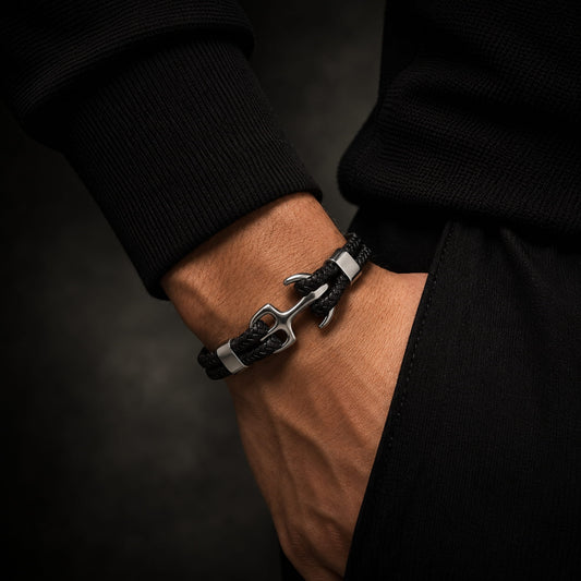 THE MEN THING Leather Bracelet SEAFARER ANCHOR BLACK -  Genuine Leather Double Layer Braided Bracelet with Stainless Steel Anchor Hook for Men & Boys (8 inch)