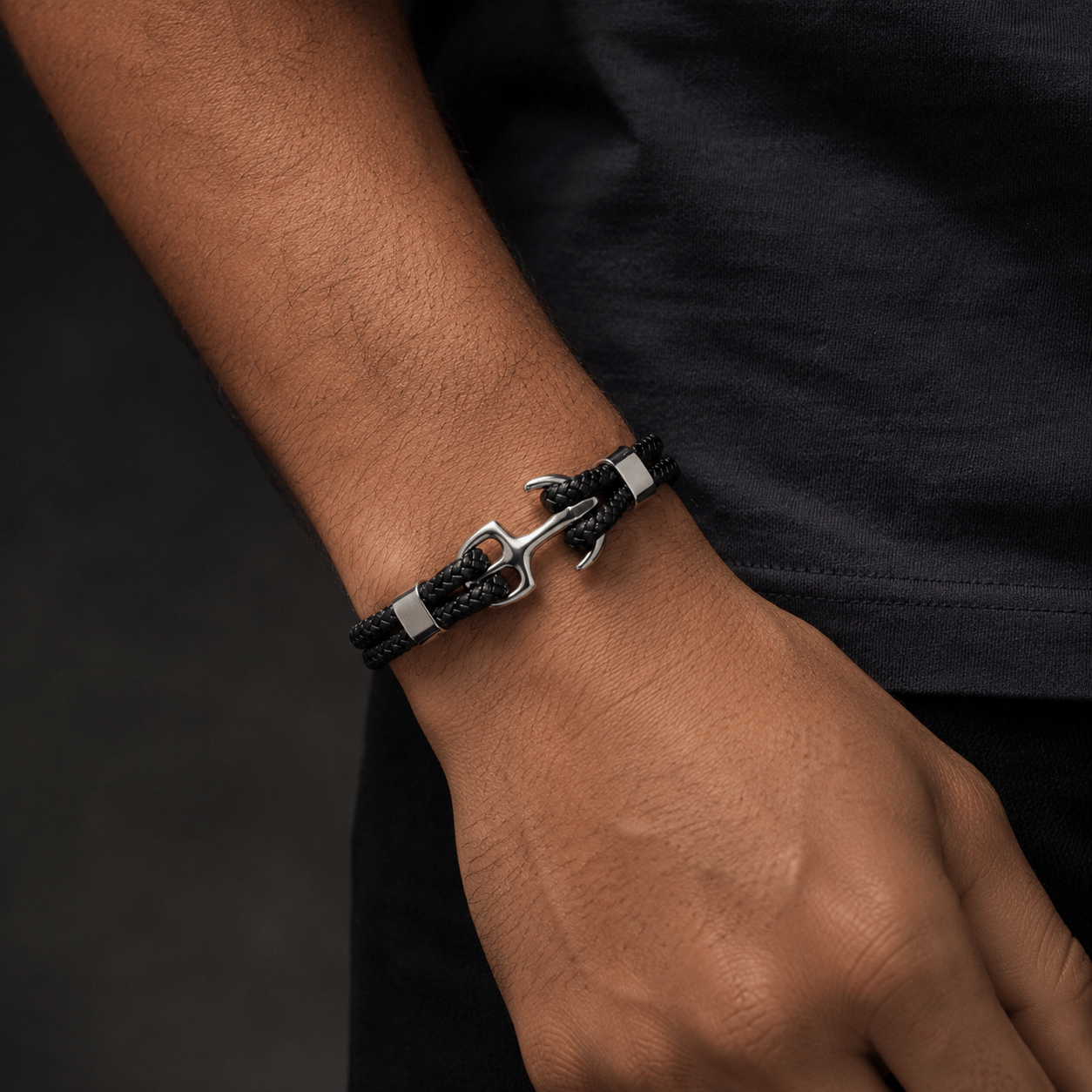 THE MEN THING Leather Bracelet SEAFARER ANCHOR BLACK -  Genuine Leather Double Layer Braided Bracelet with Stainless Steel Anchor Hook for Men & Boys (8 inch)