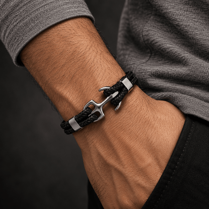 THE MEN THING Leather Bracelet SEAFARER ANCHOR BLACK -  Genuine Leather Double Layer Braided Bracelet with Stainless Steel Anchor Hook for Men & Boys (8 inch)