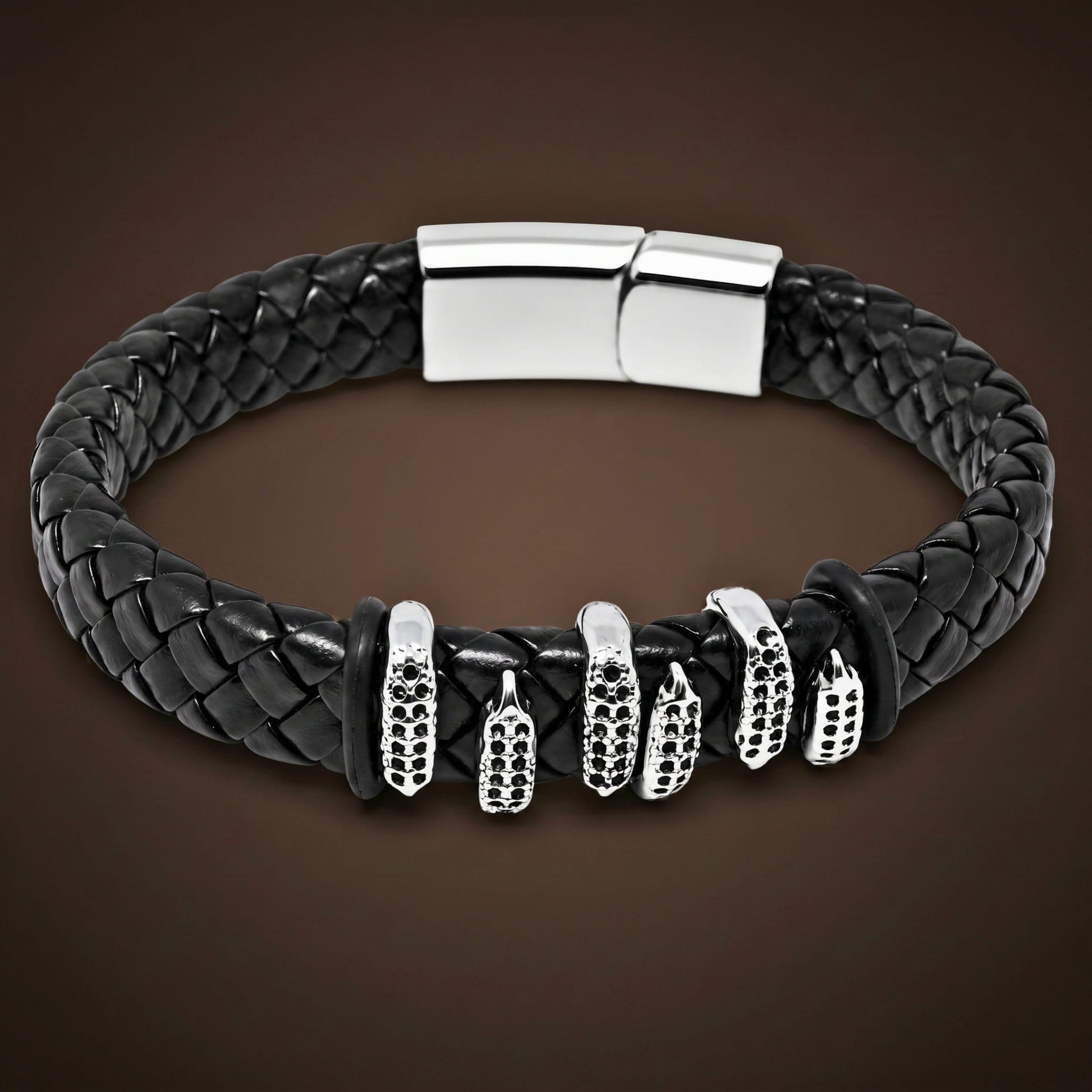 THE MEN THING Leather Bracelet SERPENT CLAW BLACK - 12mm Genuine Leather Bracelet with Stainless Steel Magnetic Buckle for Men & Boys (8 inch)