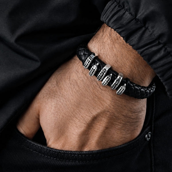 SERPENT CLAW BLACK - 12mm Genuine Leather Bracelet with Stainless Steel Magnetic Buckle for Men & Boys (8 inch)
