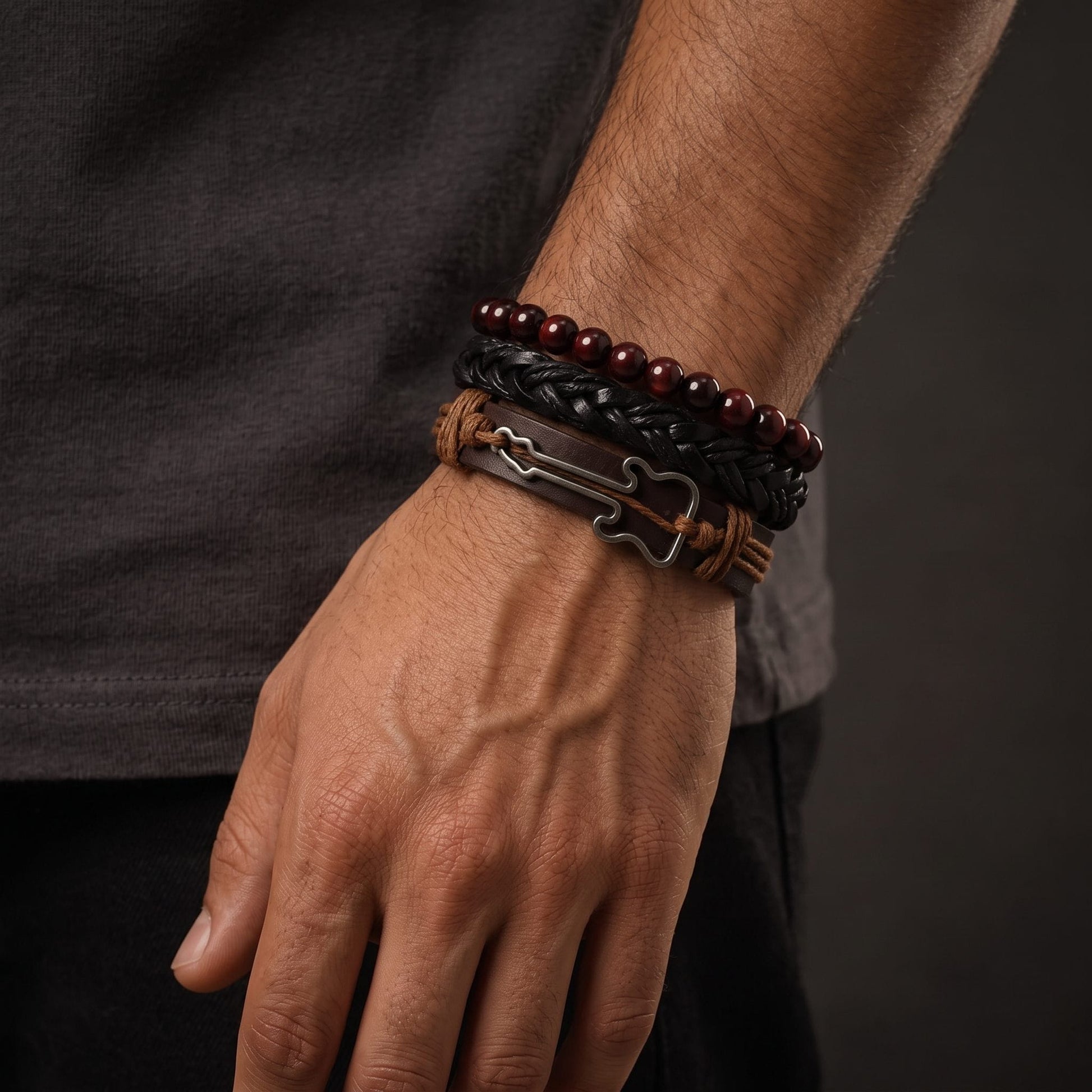 THE MEN THING Leather Bracelet Set of 3 Genuine Braided Leather Adjustable Bracelets for Men & Boys – 8 Inch