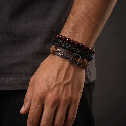 THE MEN THING Leather Bracelet Set of 3 Genuine Braided Leather Adjustable Bracelets for Men & Boys – 8 Inch