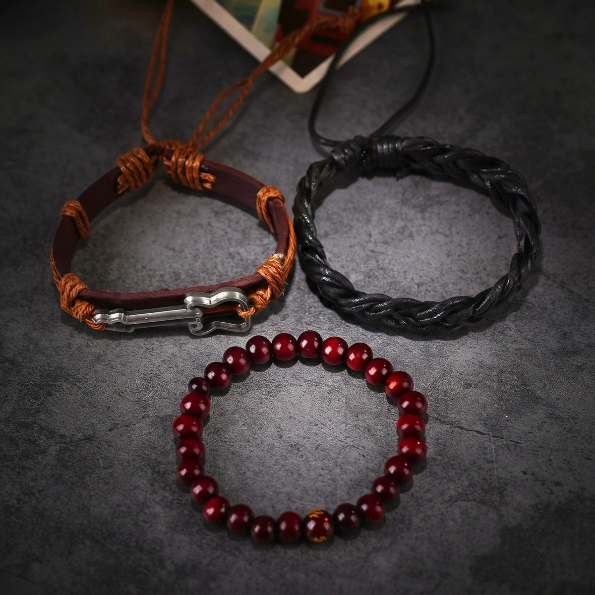 THE MEN THING Leather Bracelet Set of 3 Genuine Braided Leather Adjustable Bracelets for Men & Boys – 8 Inch