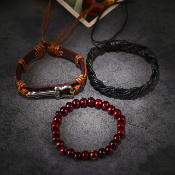 Set of 3 Genuine Braided Leather Adjustable Bracelets for Men & Boys – 8 Inch