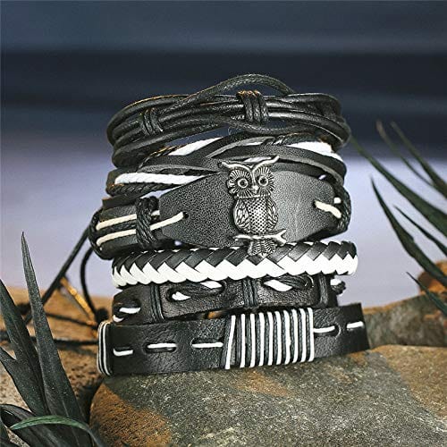 SHADOW OWL CUFF   -  6 Pcs Genuine Braided Leather Bracelet Set for Men & Boys (8 inch)