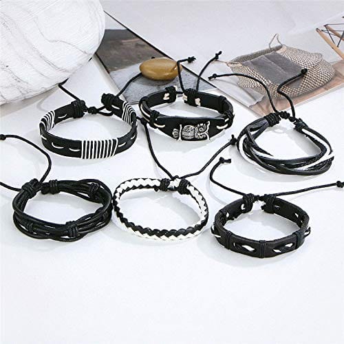 SHADOW OWL CUFF   -  6 Pcs Genuine Braided Leather Bracelet Set for Men & Boys (8 inch)