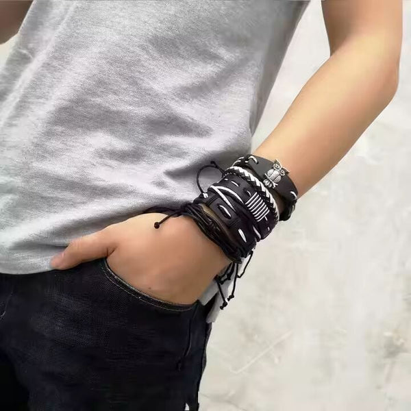 SHADOW OWL CUFF   -  6 Pcs Genuine Braided Leather Bracelet Set for Men & Boys (8 inch)