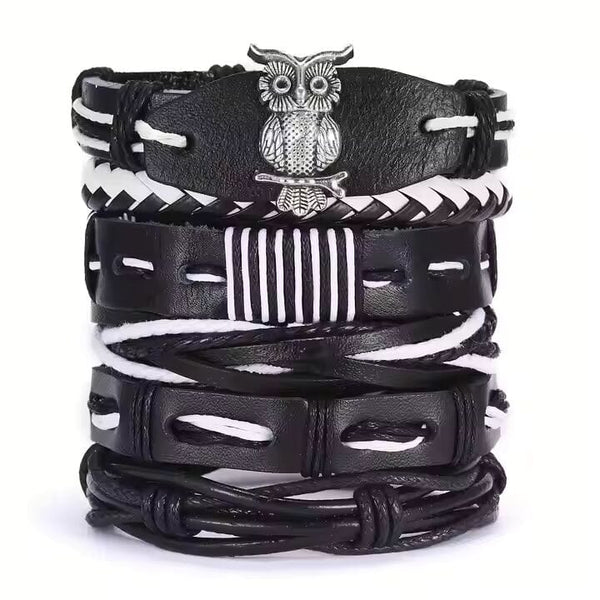 SHADOW OWL CUFF   -  6 Pcs Genuine Braided Leather Bracelet Set for Men & Boys (8 inch)